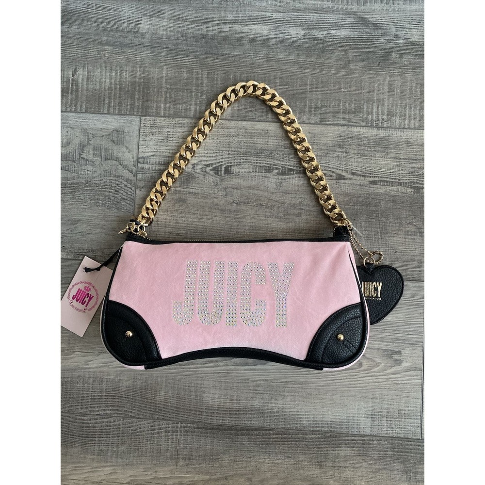 Juicy By Juicy Couture Chain Strap Crystals Small Shoulder Bag Pink Velour New